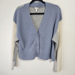 COS 100% Cashmere Colorblock V-Neck Cardigan XS Blue Grey Ivory
